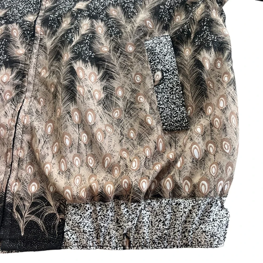 Valentina OS Black Tan Metallic, Peacock Ostrich Feather Print Bomber Jacket VTG
